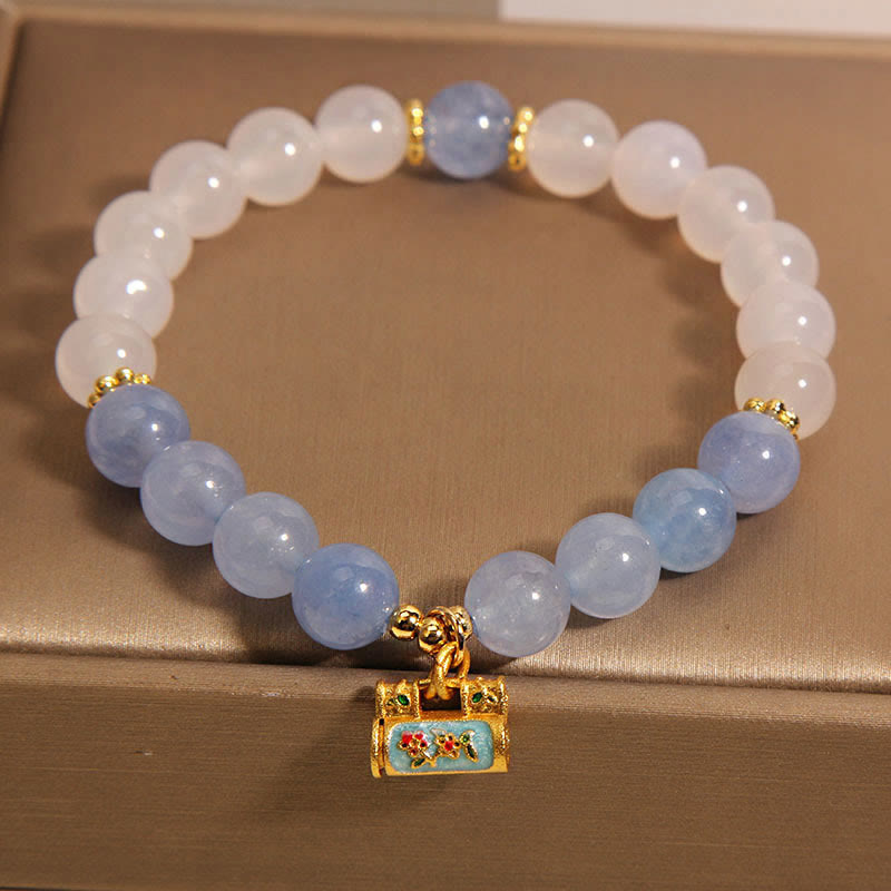 Buddha Stones天然ホワイトアゲートアクアマリン守護ブレスレット