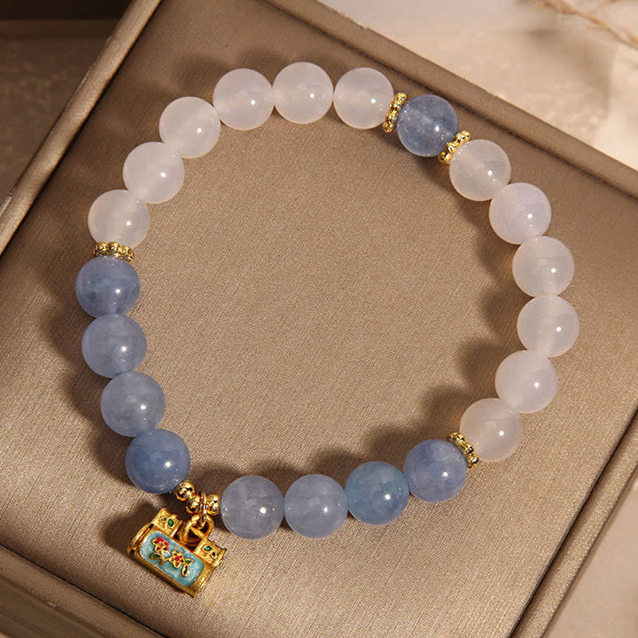 Buddha Stones天然ホワイトアゲートアクアマリン守護ブレスレット