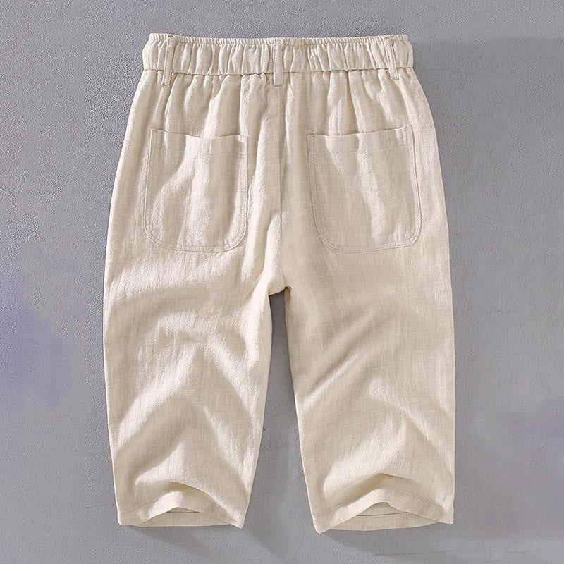 Buddha Stonesメンズ 無地 ラミー リネン ドローストリング クロップドパンツ ポケット付き - image 1