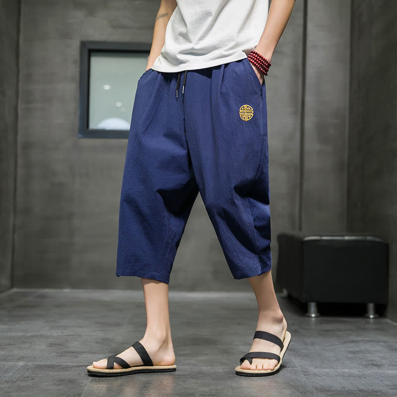 Buddha Stonesサマー メンズ リネン ドローストリング クロップドパンツ ポケット付き - スティールブルー - US/UK/AU44、EU54（5XL） - image 1