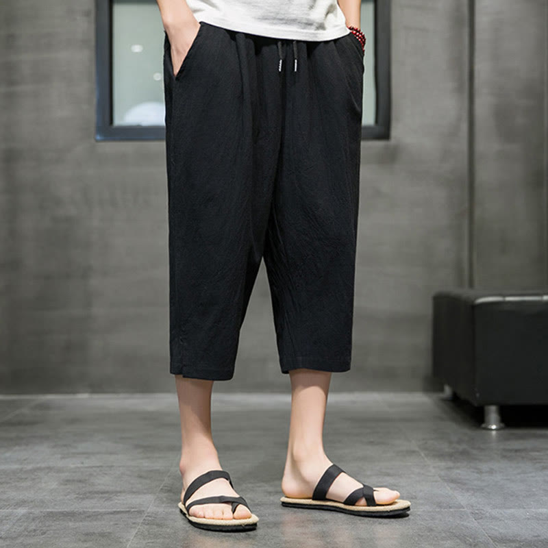 Buddha Stonesサマー メンズ リネン ドローストリング クロップドパンツ ポケット付き - image 10
