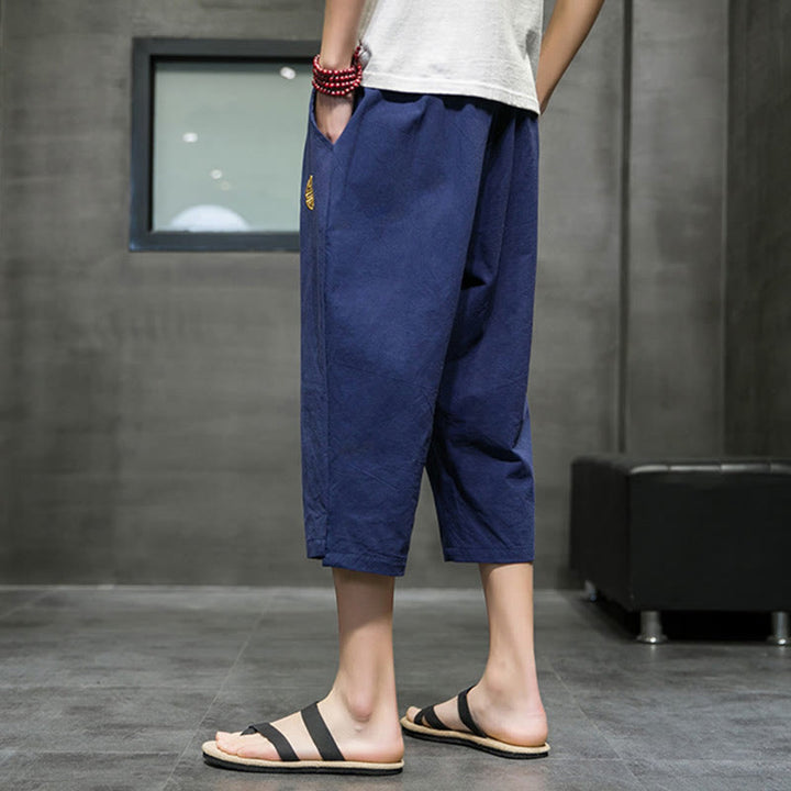 Buddha Stonesサマー メンズ リネン ドローストリング クロップドパンツ ポケット付き - image 3