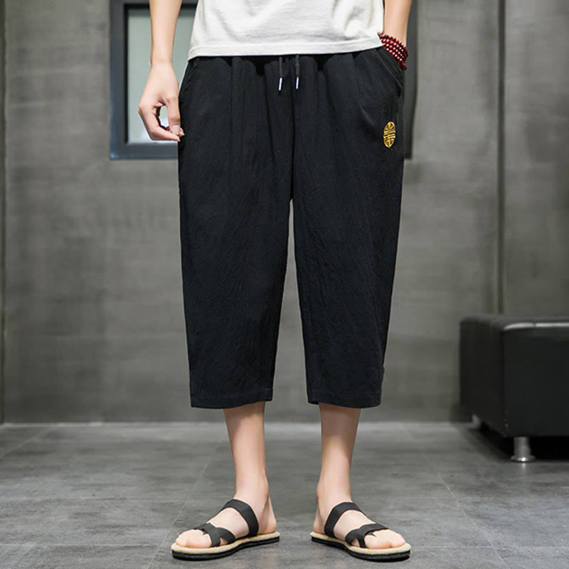 Buddha Stonesサマー メンズ リネン ドローストリング クロップドパンツ ポケット付き - image 13
