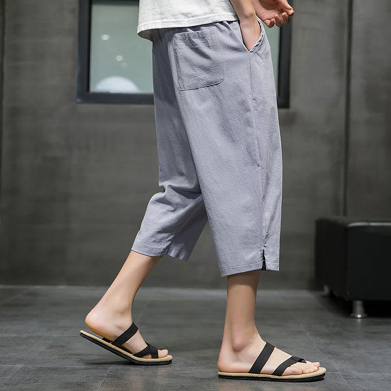 Buddha Stonesサマー メンズ リネン ドローストリング クロップドパンツ ポケット付き - image 20