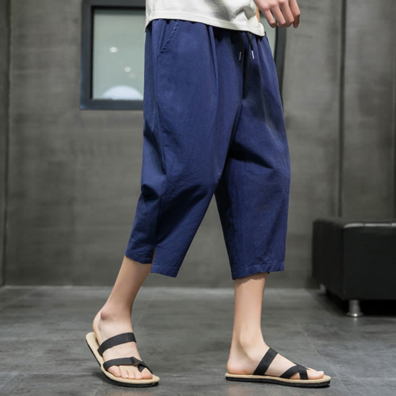 Buddha Stonesサマー メンズ リネン ドローストリング クロップドパンツ ポケット付き - image 3