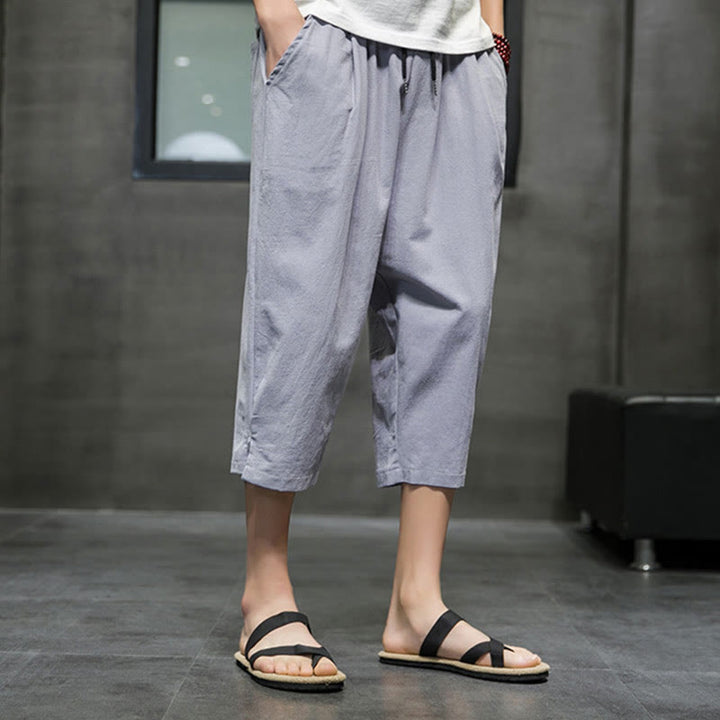 Buddha Stonesサマー メンズ リネン ドローストリング クロップドパンツ ポケット付き - image 19