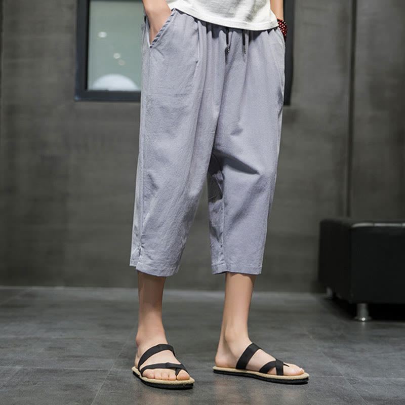 Buddha Stonesサマー メンズ リネン ドローストリング クロップドパンツ ポケット付き - image 18