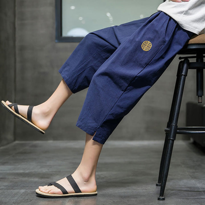 Buddha Stonesサマー メンズ リネン ドローストリング クロップドパンツ ポケット付き - image 4