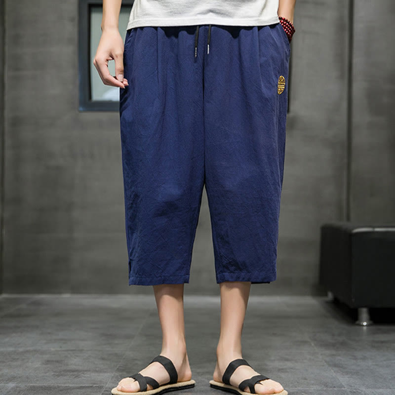 Buddha Stonesサマー メンズ リネン ドローストリング クロップドパンツ ポケット付き - image 1