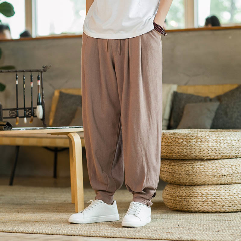 Buddha Stonesサマープレーン メンズ コットンリネン テーパードパンツ ポケット付き - サンディブラウン - US/UK/AU48、 EU58(5XL)  - image 10
