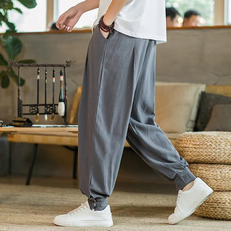 Buddha Stonesサマープレーン メンズ コットンリネン テーパードパンツ ポケット付き - image 3