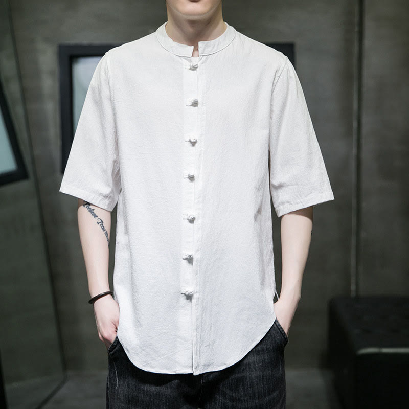 Buddha Stones無地 メンズ 半袖 コットンシャツ - 白 - US/UK/AU46、 EU56 (5XL)  - image 0