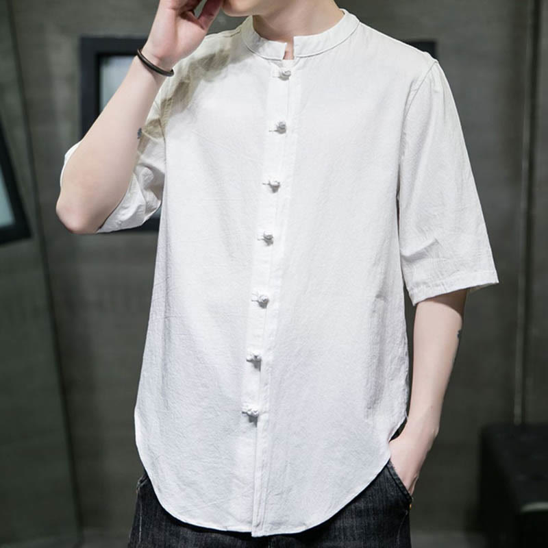 Buddha Stones無地 メンズ 半袖 コットンシャツ - image 1