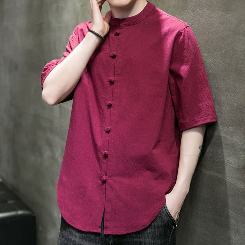 Buddha Stones無地 メンズ 半袖 コットンシャツ - image 13