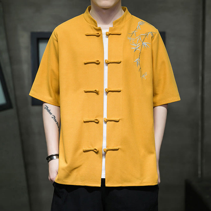 Buddha Stonesカエルボタン 葉 トンボ 刺繍 メンズ 半袖シャツ - 金 - US/UK/AU46、 EU56 (5XL)  - image 6