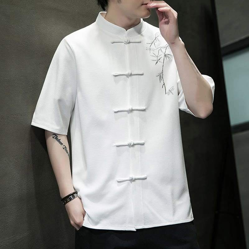 Buddha Stonesカエルボタン 葉 トンボ 刺繍 メンズ 半袖シャツ - image 3