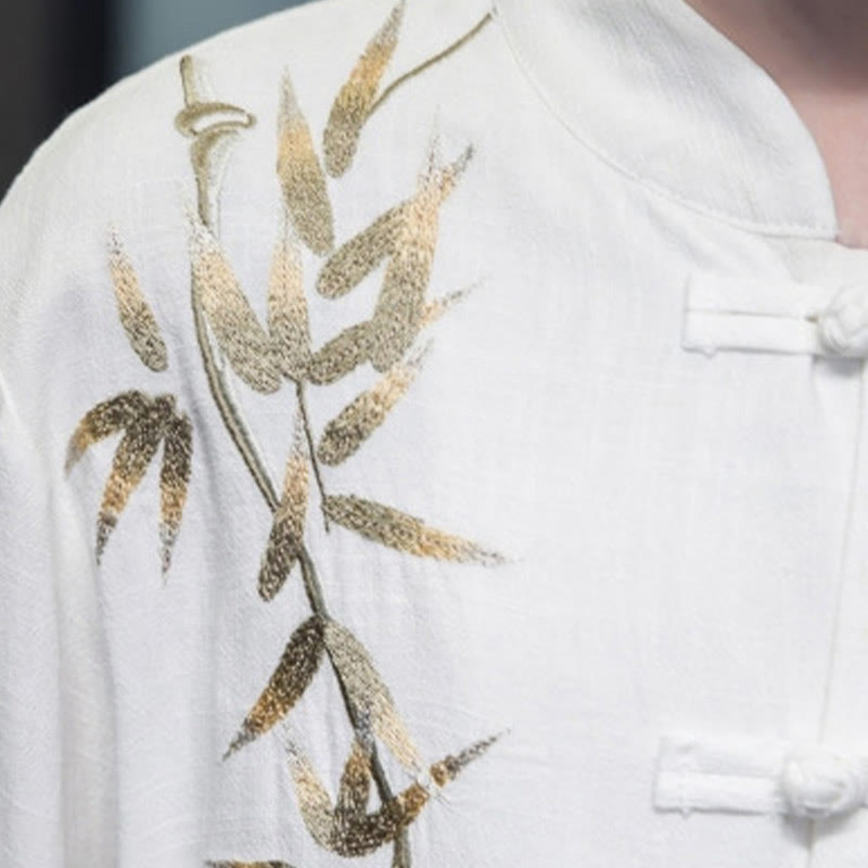 Buddha Stones中国風 カエルボタン 唐装 竹の葉 長袖シャツ コットンリネン メンズジャケット - image 4