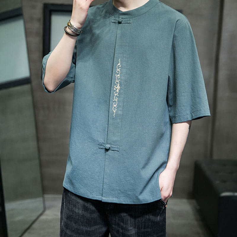 Buddha Stones無地 カエルボタン 刺繍 メンズ 半袖 コットンシャツ - image 3