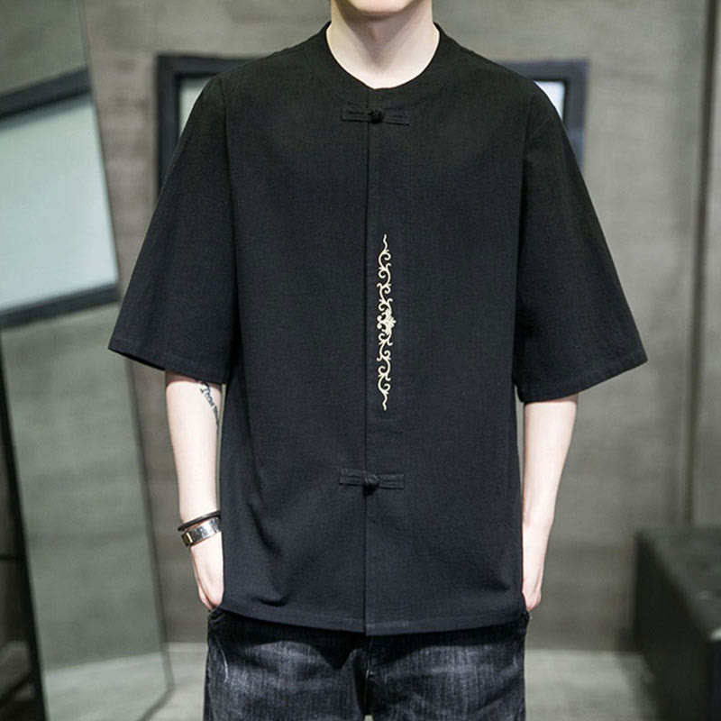 Buddha Stones無地 カエルボタン 刺繍 メンズ 半袖 コットンシャツ - 黒 - US/UK/AU46、 EU56 (5XL) - image 8