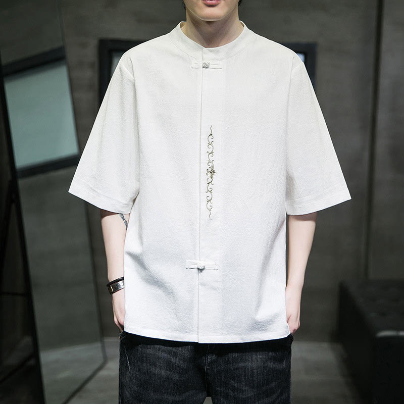 Buddha Stones無地 カエルボタン 刺繍 メンズ 半袖 コットンシャツ - 白 - US/UK/AU46、 EU56 (5XL) - image 17