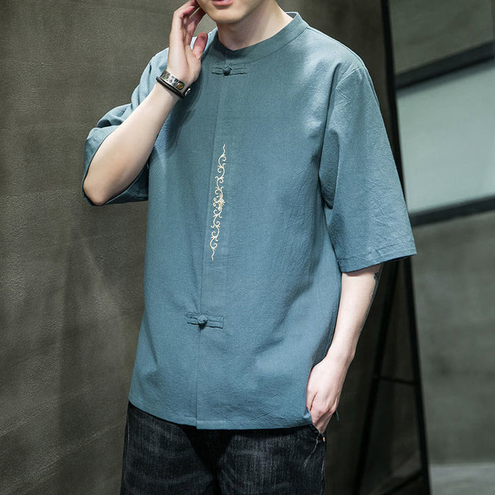 Buddha Stones無地 カエルボタン 刺繍 メンズ 半袖 コットンシャツ - image 4