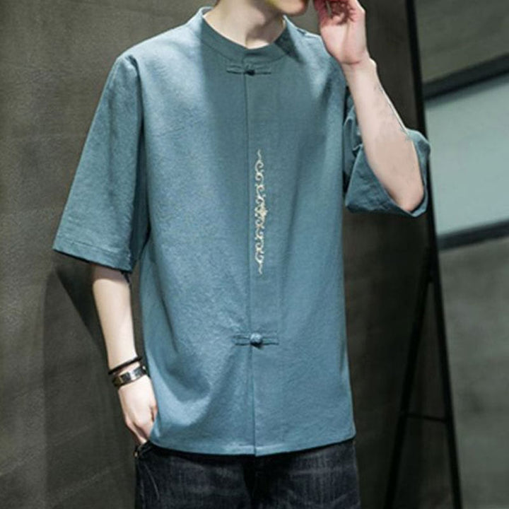 Buddha Stones無地 カエルボタン 刺繍 メンズ 半袖 コットンシャツ - image 1