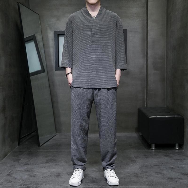 Buddha Stones無地 七分袖シャツ カジュアルパンツ 服 メンズ セット - ディムグレー - US/UK/AU44、 EU54 (4XL) - image 18