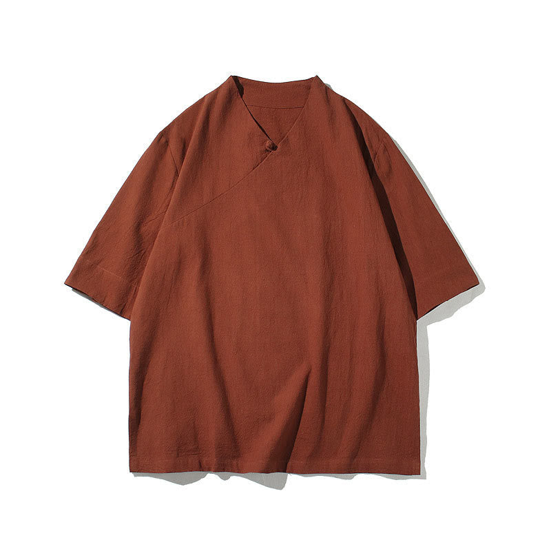 Buddha StonesVネック 無地 メンズ 半袖 コットンシャツ - image 5