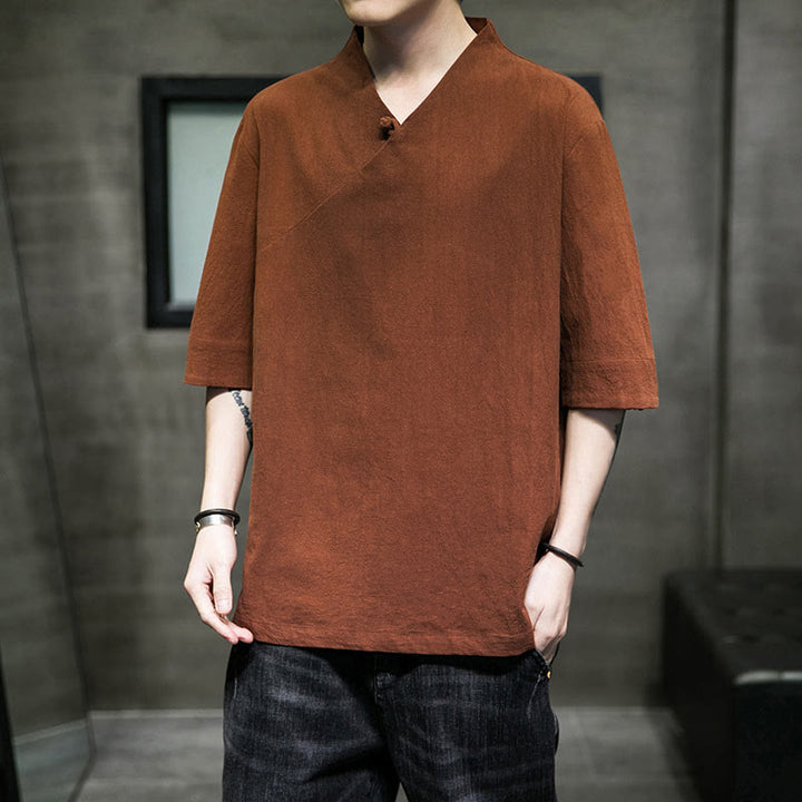 Buddha StonesVネック 無地 メンズ 半袖 コットンシャツ - ペルー - 5XL（USUK/AU46、EU56に適合） - image 1