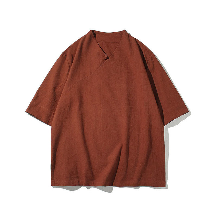 Buddha StonesVネック 無地 メンズ 半袖 コットンシャツ - image 4