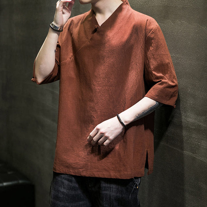 Buddha StonesVネック 無地 メンズ 半袖 コットンシャツ - image 6