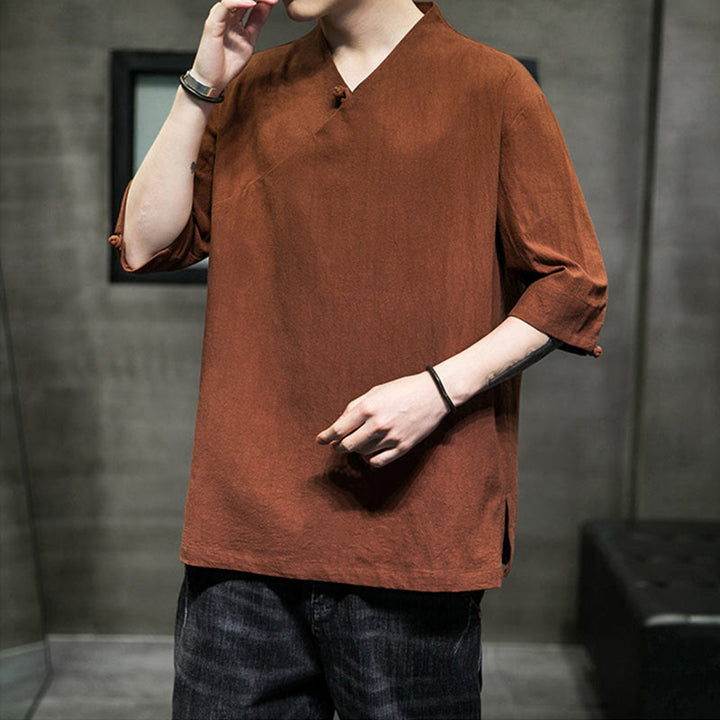 Buddha StonesVネック 無地 メンズ 半袖 コットンシャツ - image 7