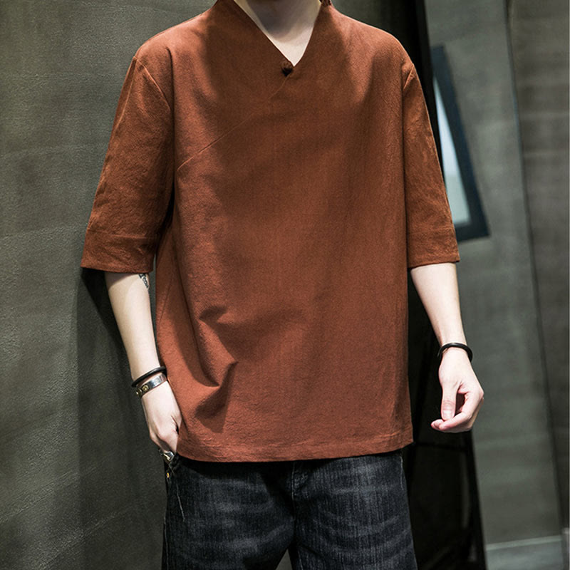 Buddha StonesVネック 無地 メンズ 半袖 コットンシャツ - image 8