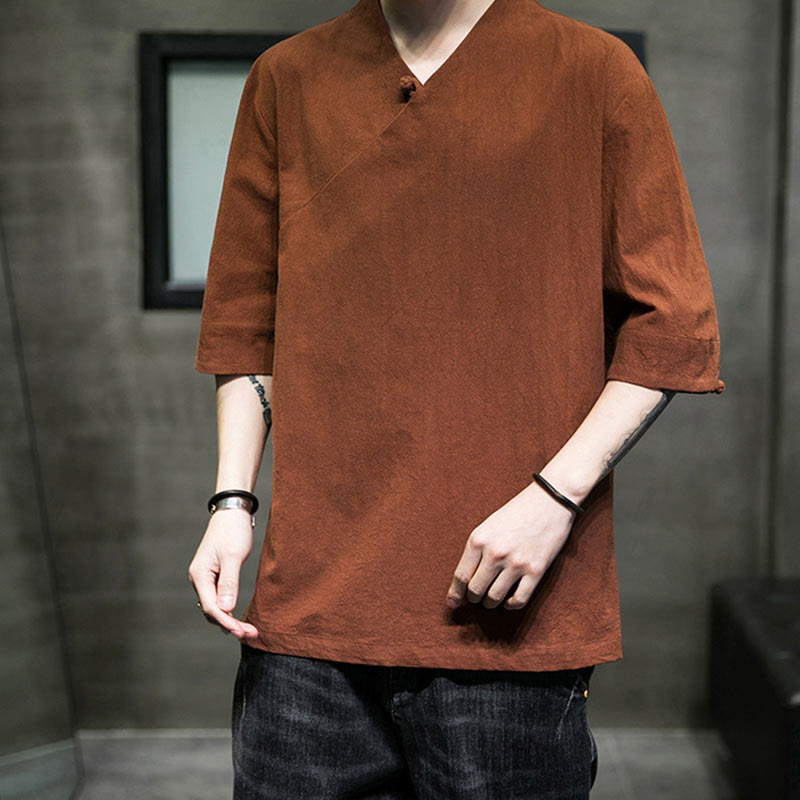 Buddha StonesVネック 無地 メンズ 半袖 コットンシャツ - image 11