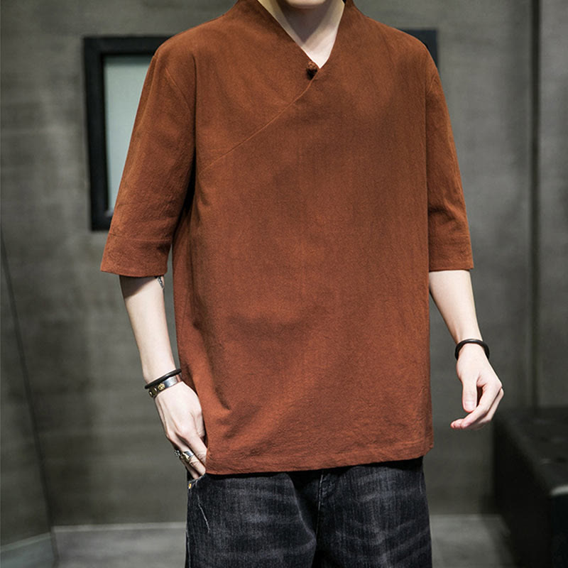 Buddha StonesVネック 無地 メンズ 半袖 コットンシャツ - image 2