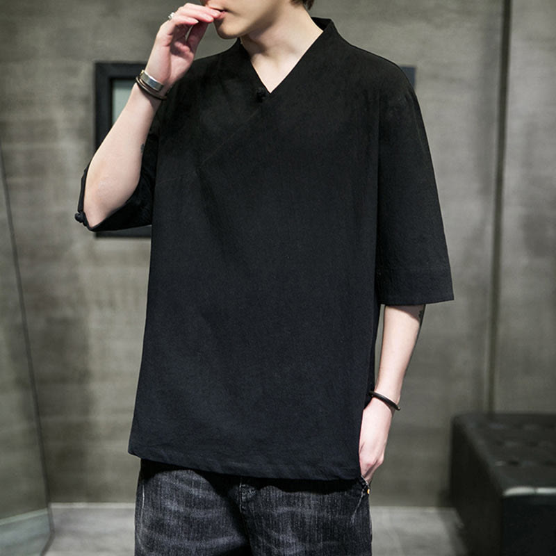 Buddha StonesVネック 無地 メンズ 半袖 コットンシャツ - image 15