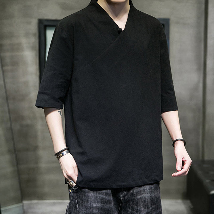 Buddha StonesVネック 無地 メンズ 半袖 コットンシャツ - image 13