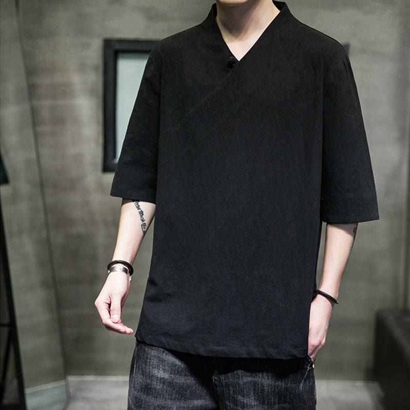 Buddha StonesVネック 無地 メンズ 半袖 コットンシャツ - 黒 - 5XL（USUK/AU46、EU56に適合） - image 12