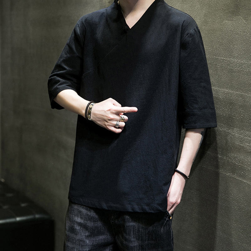 Buddha StonesVネック 無地 メンズ 半袖 コットンシャツ - image 18