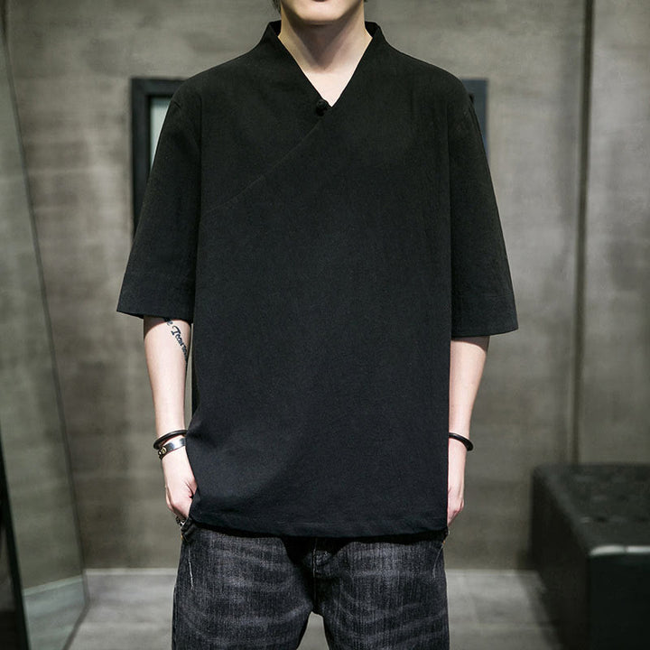 Buddha StonesVネック 無地 メンズ 半袖 コットンシャツ - image 14