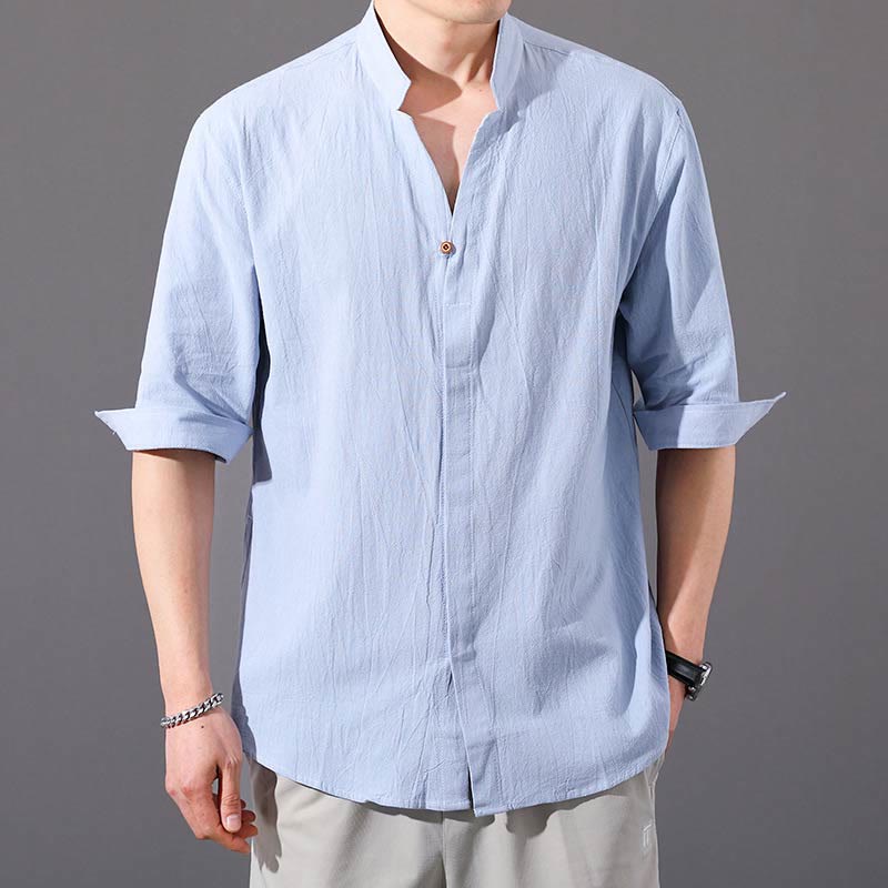 Buddha Stonesサマー メンズ ハーフスリーブ ボタン コットンシャツ - ライトブルー - US/UK/AU48、 EU58 (6XL)  - image 1