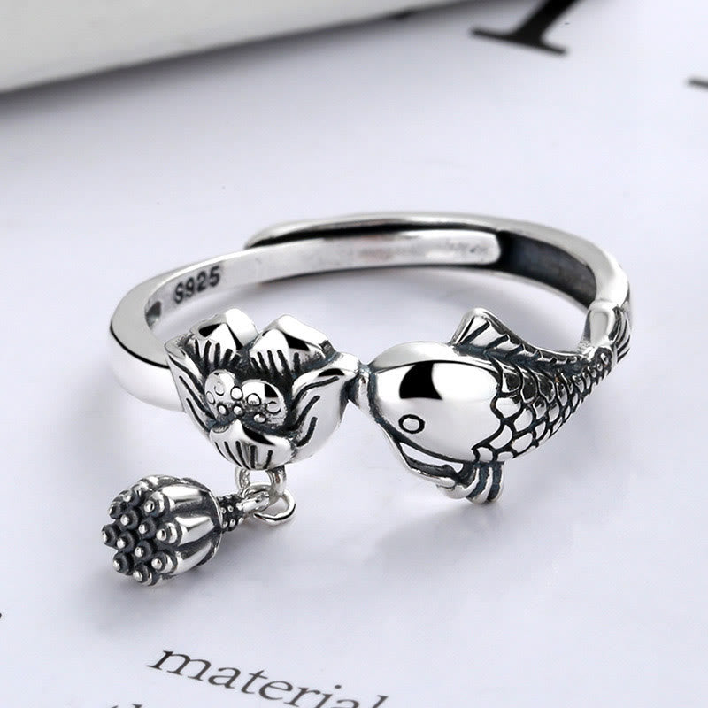 Buddha Stones925スターリングシルバー 鯉 蓮の花 成功リング - image 1