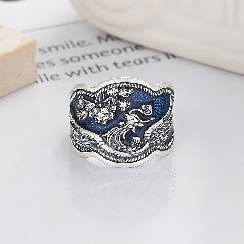 Buddha Stones925スターリングシルバー 鳳凰牡丹花彫刻 幸運の調節可能リング - フェニックス（調整可能） - image 0