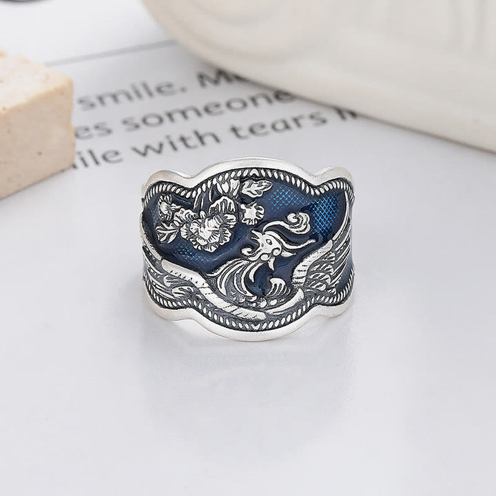 Buddha Stones925スターリングシルバー 鳳凰牡丹花彫刻 幸運の調節可能リング