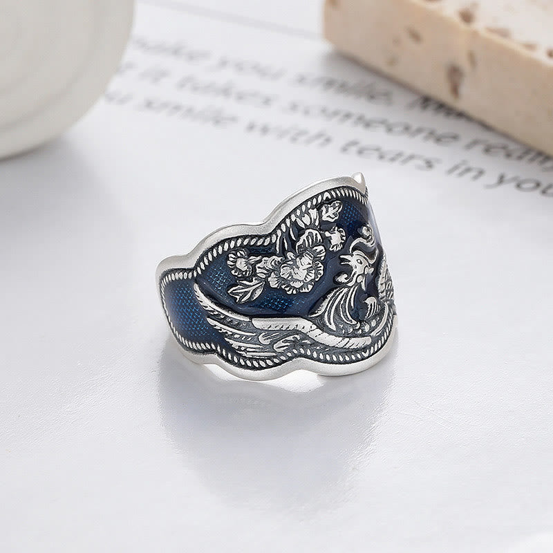 Buddha Stones925スターリングシルバー 鳳凰牡丹花彫刻 幸運の調節可能リング