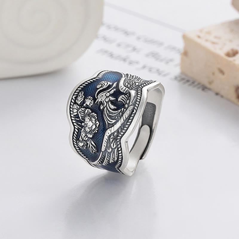 Buddha Stones925スターリングシルバー 鳳凰牡丹花彫刻 幸運の調節可能リング