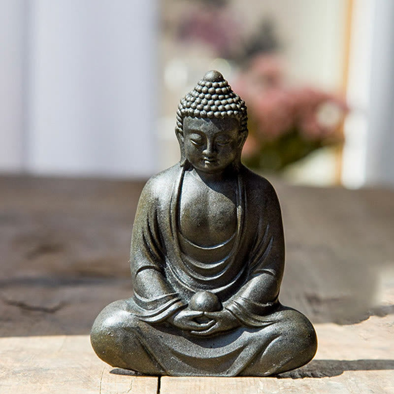 Buddha Stonesチベットの瞑想仏 鉄粉錆鋳造樹脂像 静寂の装飾 - ブラック 10×7.5cm - image 8