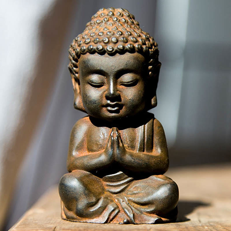 Buddha Stones手作り 小さな釈迦牟尼仏 鉄粉 錆 鋳造 樹脂 像 装飾 - Rustバージョン - 祈る仏像 9×5.5cm - image 9