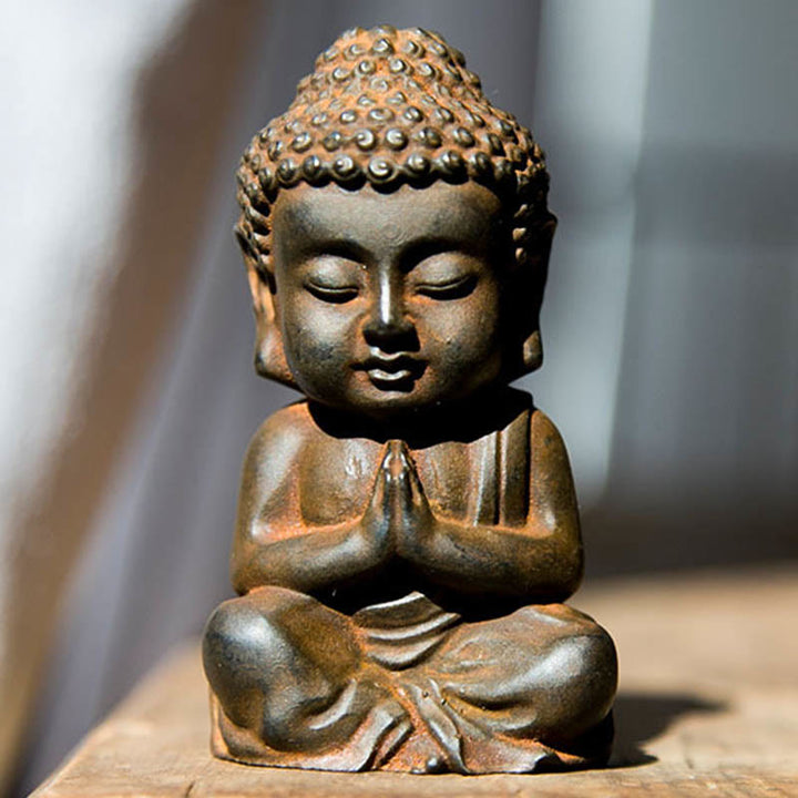 Buddha Stones手作り 小さな釈迦牟尼仏 鉄粉 錆 鋳造 樹脂 像 装飾 - Rustバージョン - 祈る仏像 9×5.5cm - image 9