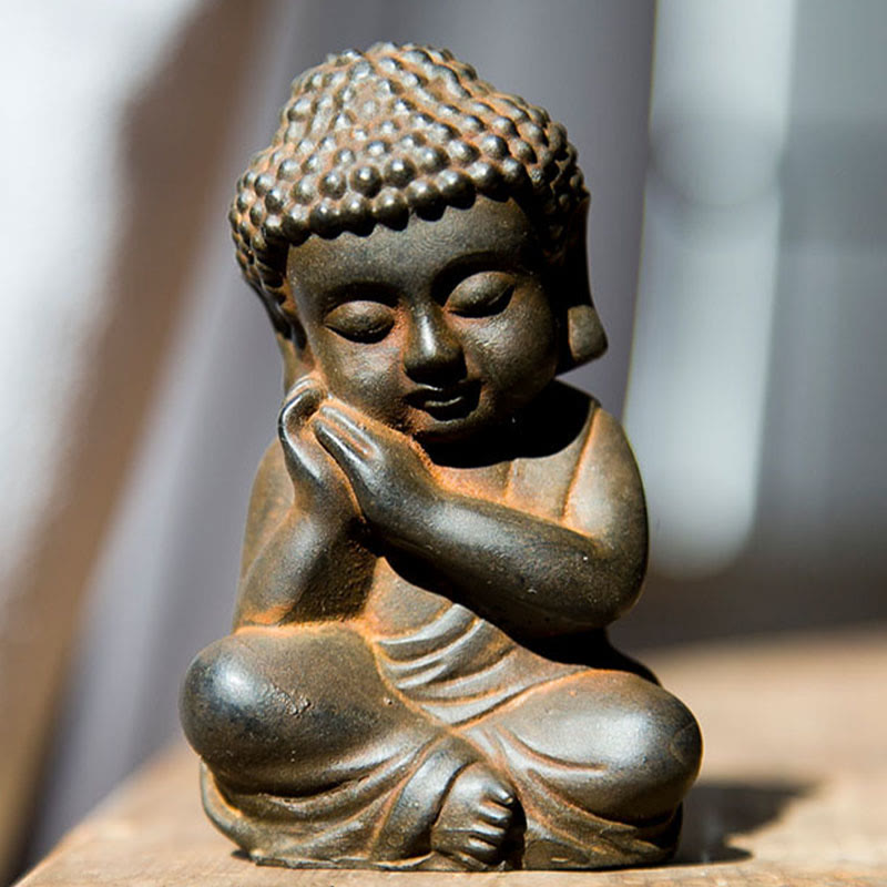 Buddha Stones手作り 小さな釈迦牟尼仏 鉄粉 錆 鋳造 樹脂 像 装飾 - Rustバージョン - 顎を休める仏像 9×5.5cm - image 11